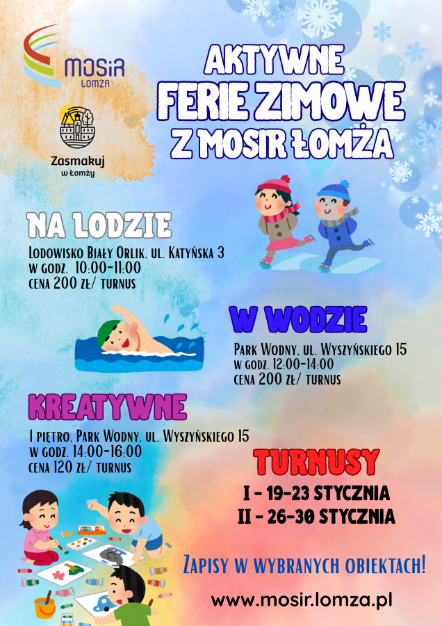 Aktywne Ferie Zimowe z MOSiR Łomża, grafika dzieci na łyżwach, w wodzie, bawiące się kredkami